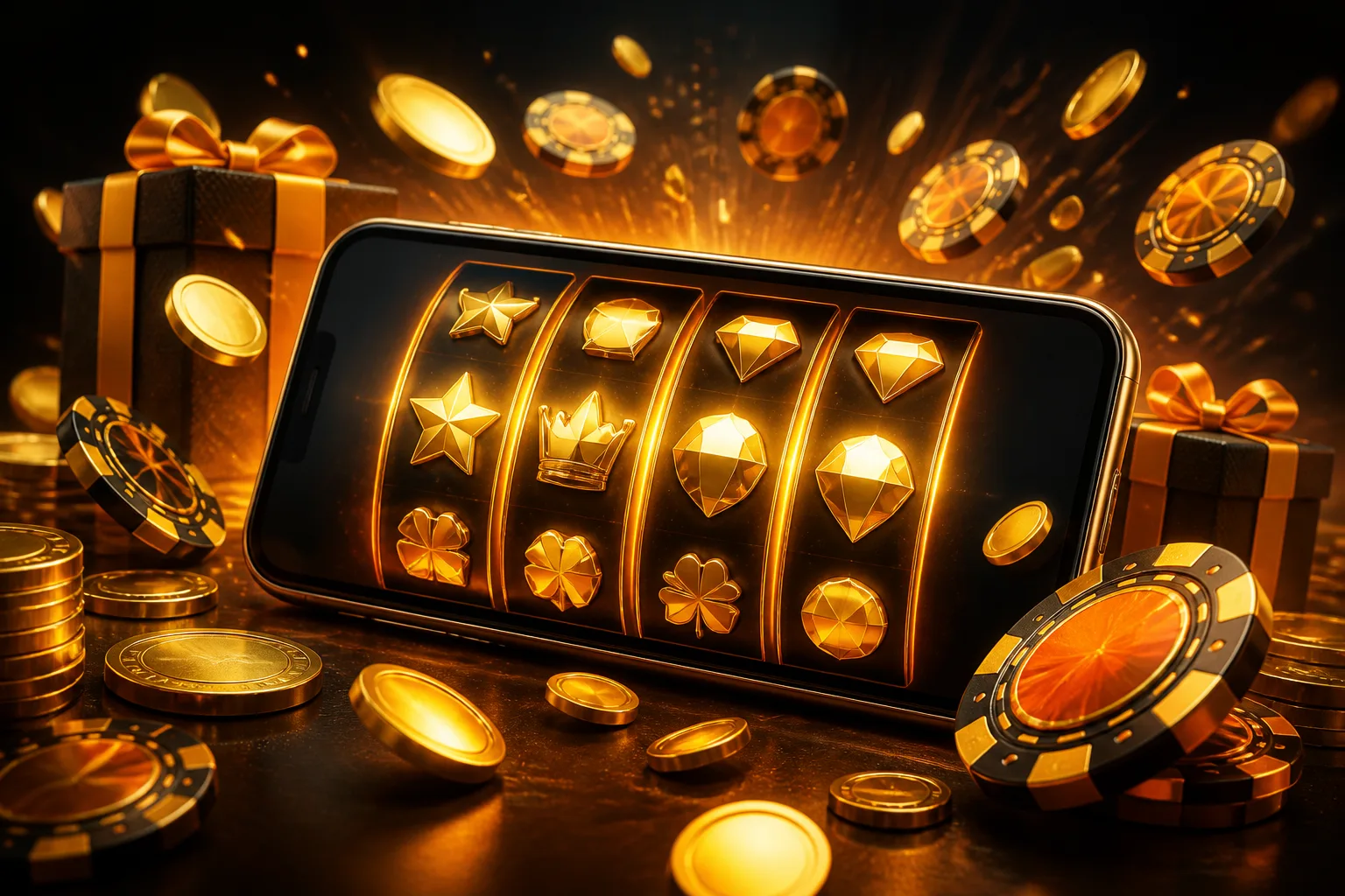Golden Fortune Reels bonus round with glowing coins on a smartphone screen